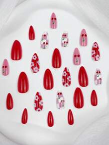Instantly Upgrade Your Look With,24 Pcs/Set Medium Long Almond Shape Spring And Summer Checkerboard Cherry Red Cute Sweet Glossy Nail Art Patches Full Coverage Fake Nails Art Patches Nail Art Supplies Wearable Nail Set For Office Women, Party, Date And Daily Wear And Party Use Press On Nails