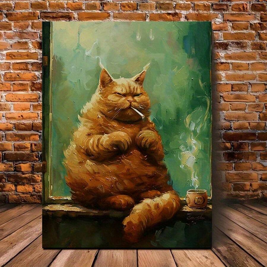 A Charming Fat Cat Wall Art, Animal Painting, Versatile Cat Print Suitable For Any Room, Valentine's Day Gifts For Her Or Him, 1 Pc Keywords Wooden Framed Canvas Painting-Thickness 2.25cm/0.9Inch, Home Gift Decoration, Room Decoration Emotional, Wall Decoration, Perfect Gift, Autumn And Winter Wall Decoration, Living Room Decoration, Bedroom Decoration, Kitchen Decoration, Entry Decoration, Bathroom Decoration, Direct Wall Painting, High Quality Wall Painting Poster - 墨綠色 - 查看 1