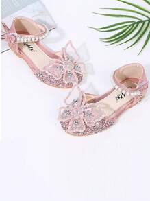 1 par de zapatos de princesa de moda para niñas, nuevo diseño de verano con lazo hebilla, punta cerrada y adorno de cristal, aptos para juegos al aire libre, fiestas y eventos - Rosa - Ver 4