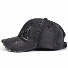 1Piece Men Vintage Edge Holes Denim Baseball Cap Outdoor Adjustable Sunscreen Leisure Hat Spring Autumn Travel Tourism Beach Vacation - 深灰色 - 查看 3