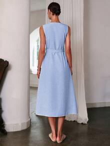 Sollinarry 女士简约纯色无袖收腰长裙、办公室服装、教师服装 - 藍色 - 查看 3