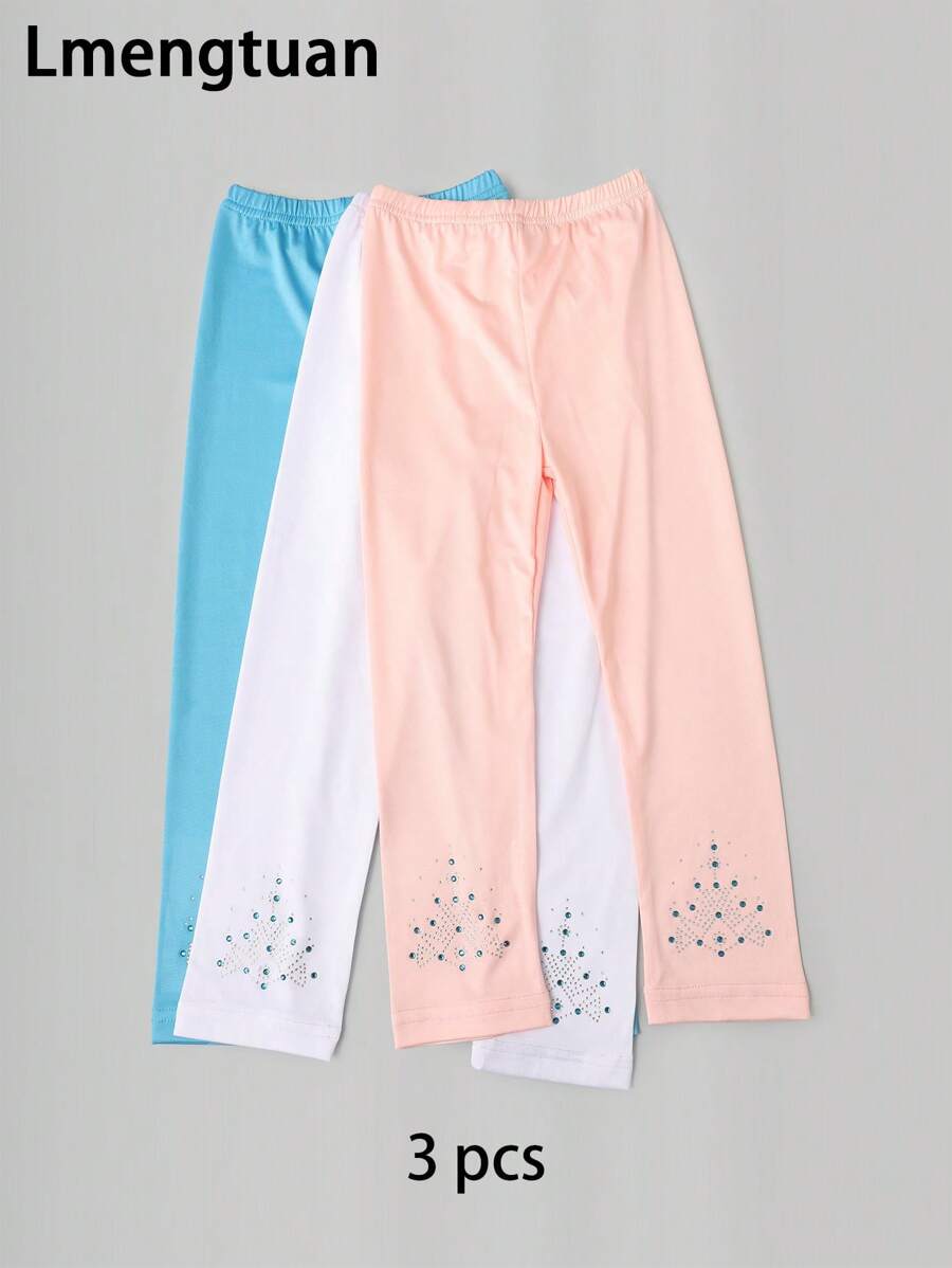 3 件装儿童纯色水钻装饰七分紧身裤，面料轻薄，可单独穿着或作为内裤，适合春季