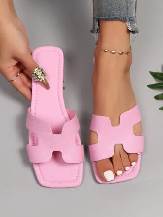 Sandalias planas, de moda, versátiles, antideslizantes, livianas y cómodas para el verano de talla grande, con punta cuadrada, para playa. Sandalias simples tipo slip-on para mujer, adecuadas para verano de ancho ancho, color rosa