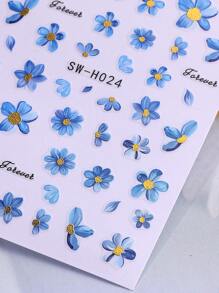 2片蓝色花卉美甲贴纸，3D水彩蓝色花朵设计美甲贴花，自粘式DIY美甲装饰 - 藍色 - 查看 7