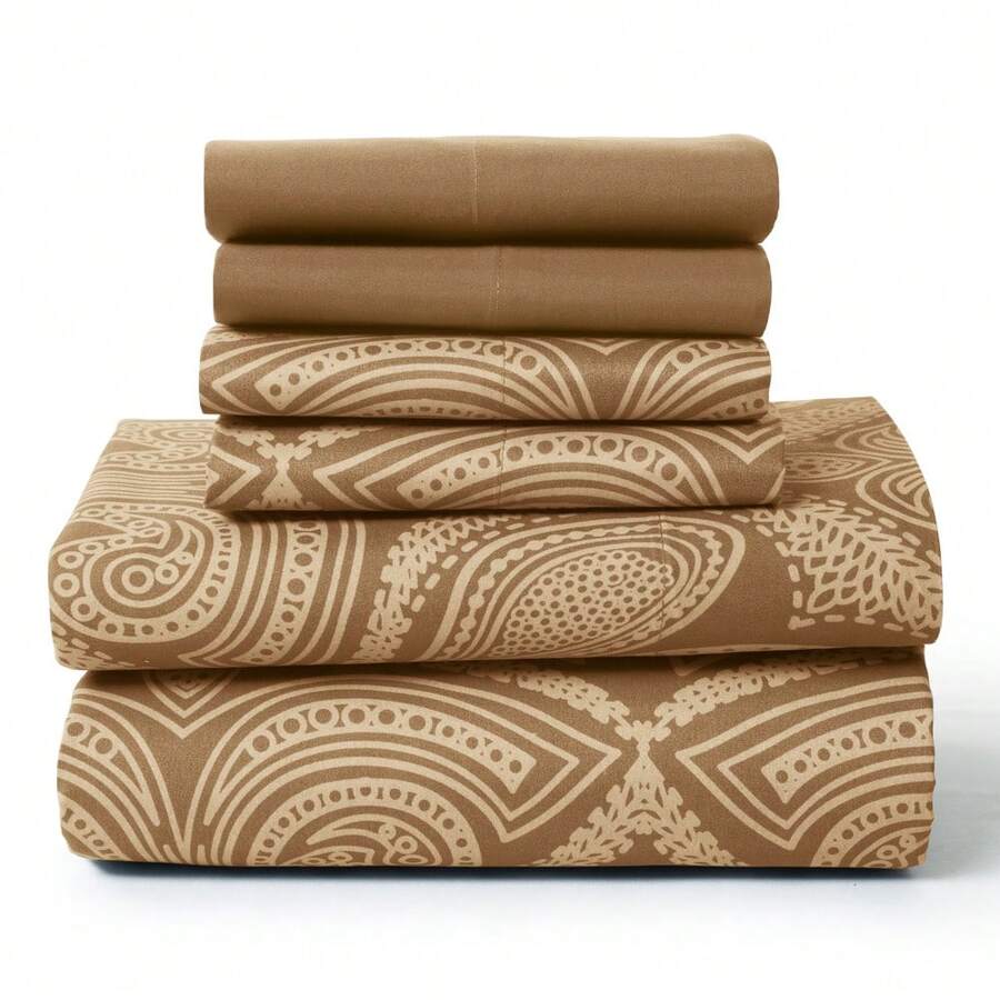 Lux Decor 6-Piece Paisley Bed Sheets High GSM Brushed Microfiber Sheets - Elevate Your Sleep Experience With 16-Inch-Deep Pocket Bedding Sheets & Pillowcases- Back To School- Graduation Gift- All Sizes Available-, Valentine's Day Bedroom, Spring Bedding Refresh, Guest Room Essentials, Dorm Room Bedding, Premium Bed Linens, Easy Care Sheets, Hypoallergenic Fabric, Year-Round Comfort, Master Bedroom Update, Matching Bedding Set, Hotel Quality Linens - 巧克力棕 - 查看 1