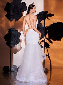 White Spaghetti Strap Sequin Mesh Backless Asymmetric Wedding Dress, Bride - White - View 7