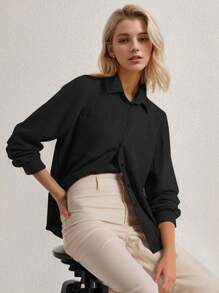 SANOPY Womens Blouses,Blouses For Women Dressy Casual,Coats For Women,Blouses For Women Business Casual,Women's Pocket Long Sleeve Casual Cotton Shirt - 黑色 - 查看 1