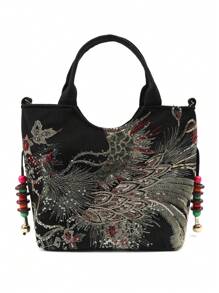 Sequin Embroidery Phoenix Women Tote Shoulder Bag - Black - View 9
