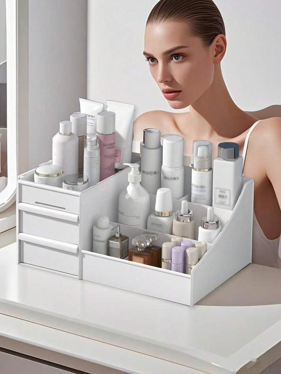 1 pieza, Caja de almacenamiento de múltiples cajones, Caja de almacenamiento de cosméticos, Caja organizadora de maquillaje, Organizador de escritorio para dormitorio, Caja de almacenamiento de plástico, Caja para colocar en el tocador de cuidado de la piel y cosméticos, Caja de almacenamiento de papelería, Organizador de cajones para papelería