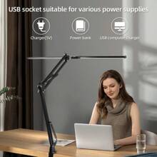 Lámpara de escritorio LED flexible de 24W con 2 cabezales, cable USB, brillo ajustable, instalación de abrazadera, lámpara de lectura que cuida los ojos para escritorio de oficina, escritorio de computadora, biblioteca, escuela, dormitorio, estudio, laboratorio, sala de costura, sala de estar
