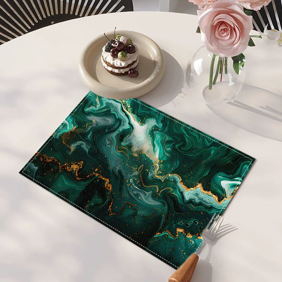 1/4/6 Pcs Abstract Green Wavy Faux Marble Pattern Printed Polyester Linen Placemats, Placemat, Tableware Mat, Kitchen Decor Dining Table Mat, Western-Style Placemats, Dining Table Decoration - LJQYMCD-1085 - View 1