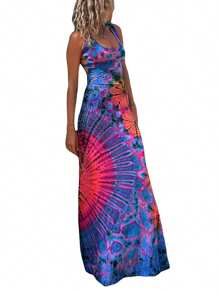 Women Summer Casual Long Dress Tie-Dye Print U-Neck Sleeveless Dress Cross Backless Thin Dress - 藏蓝色 - 查看 3