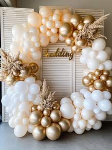 白沙金气球花环拱门套件，白色裸色气球搭配金属镀铬金乳胶气球，适用于波西米亚风婚礼新娘送礼会订婚周年纪念生日装饰背景 - 彩色 - 查看 4