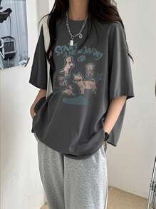 女款夏季新款简约字母小狗印花休闲百搭圆领短袖T恤，深灰色 - 深灰 - 查看 2