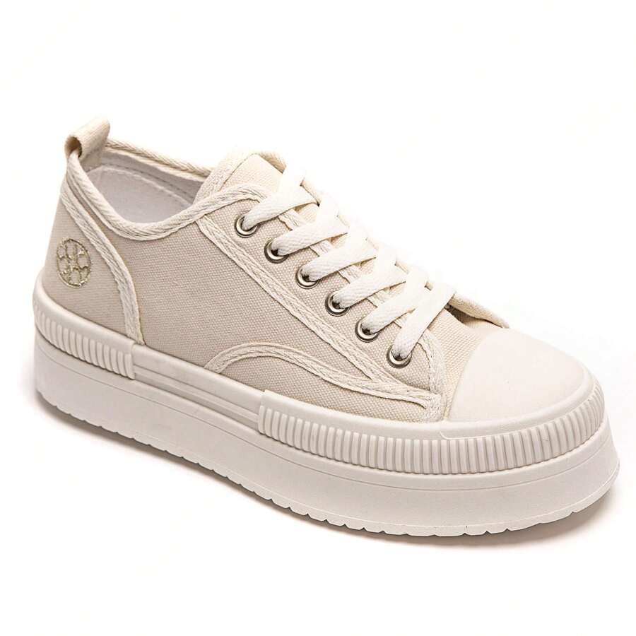Baskets Plateforme And Lacts Avec Broderie Latérale And Semelle Texturée Style Rétro - Beige - View 1