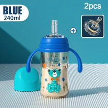1pc/2pcs Set New Cartoon Print Pattern Cup With Silicone Straw, Anti-Spill Straw Water Bottle With Handle, Replaceable Pacifier - Blue - View 13