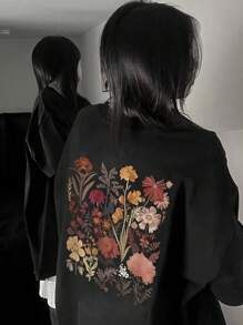 Women's Floral Print Loose Fit Crewneck Short Sleeve T-Shirt, Spring/Summer - Black - View 3