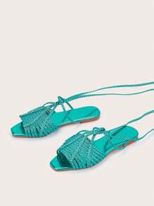 Green Handmade Woven Fabric Twisted Strap Tie-Up Stone Texture Green Fashion Women's Flat Sandals, Woven Fabric Pattern Random, Stone Texture Material Pattern Random, Twisted Pattern Random - Green - View 5