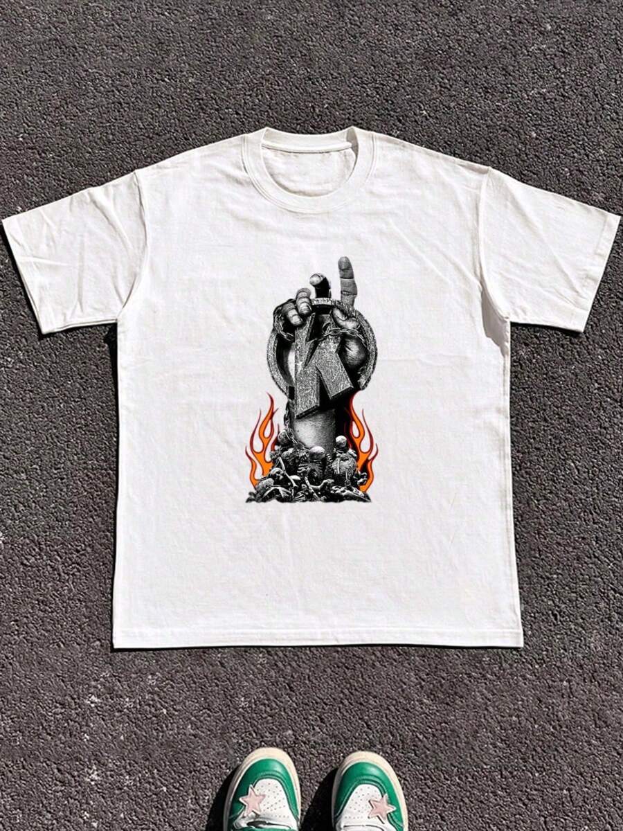 Camiseta Estampado Gráfico " Hay Una Mano En Los Huesos " - Camiseta Ligera De Cuello Redondo Para Hombre Con Estampado, Top Casual De Verano En Negro, Diseño Gráfico Blanco, Tejido De Poliéster Cómodo Para Atuendo Casual, Ropa De Playa | Cuello Redondo Casual | Camiseta Ligera, Camisa De Playa Tejido Transpirable 220g Algodón Pesado - Blanco - Ver 1