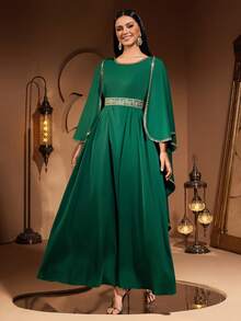 New Luxury Fashion Elegant Embroidered Lace Belted Robe Dress For Women - Dark Green - View 4