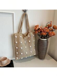 新款时尚镂空手提包，编织包，沙滩包，旅行度假观光包，珍珠包 - 卡其色 - 查看 7