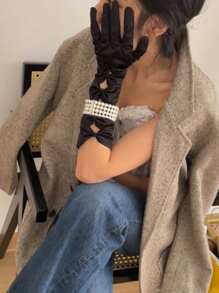 Vintage Gothic Black Bridal Gloves, Satin Pearl Bow Lolita Punk Party Photoshoot Prop Accessory Arm Sleeves