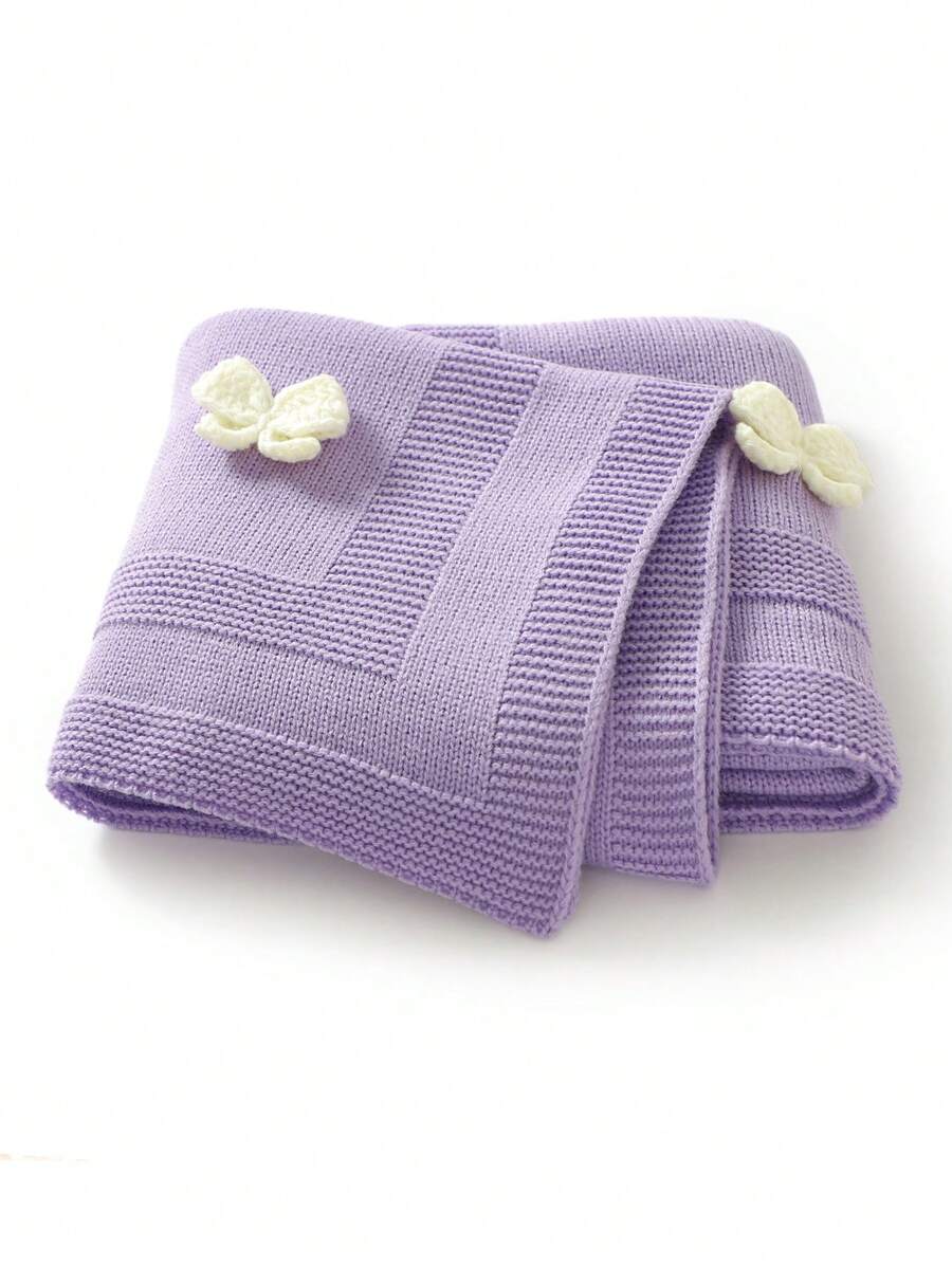 1pc Knitted Baby Blanket With Exquisite 3D Bow Decor, Sweet Baby Swaddle Blanket, Casual Minimalistic Design, Suitable For All Seasons