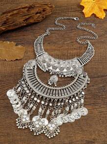 Retro Coins Multilayer Tassel Necklace For Women, Casual Party Jewelry, Choker Necklace, Sweater Necklace