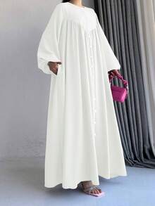 Women's Elegant Fairy Style Single-Breasted Lantern Sleeve Long Arabic Dress - White - View 5