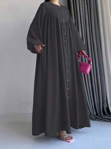 女士优雅仙女风单排扣灯笼袖长裙，阿拉伯风格，春季 - 深灰色 - 查看 5