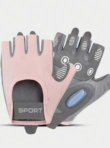 1 Pair Solid Color Letter Print Polyester Fiber Women Sports Fitness Half Finger Gloves, Breathable Anti-Slip Cycling Yoga Gym Training Unisex - B - View 4