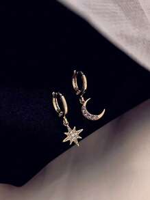 Asymmetric Star & Moon Rhinestone Earrings, Fashionable Minimalist Star Moon Design Ear Jewelry