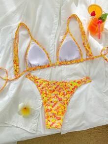 New Soft Ditsy Floral Shell Pendant Adjustable Halter Bikini Set, Summer Beach Fashion Swimwear For Ladies