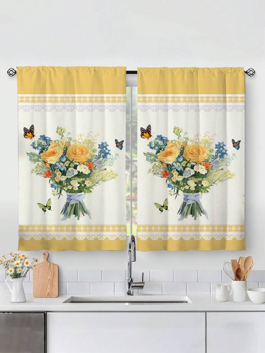 2 件向日葵印花厨房窗帘，无孔窗帘，适用于卧室办公室厨房客厅书房家居装饰 - 彩色 - 查看 1