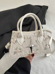 2025 新款跨境别致草编蕾丝女士沙滩包，艺术小方形手提包，单肩包和斜挎包 - 白色 - 查看 1