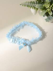 Đai garter ren xanh thanh lịch có nơ và trang trí hình trái tim bằng đá giả - Phụ kiện chân cô dâu cho mùa cưới - Xanh đậm - Xem 4