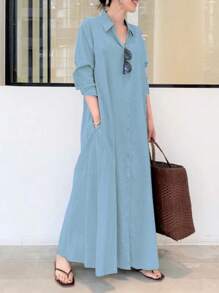 Women's Fashion Solid Color Long Sleeve Shirt Dress