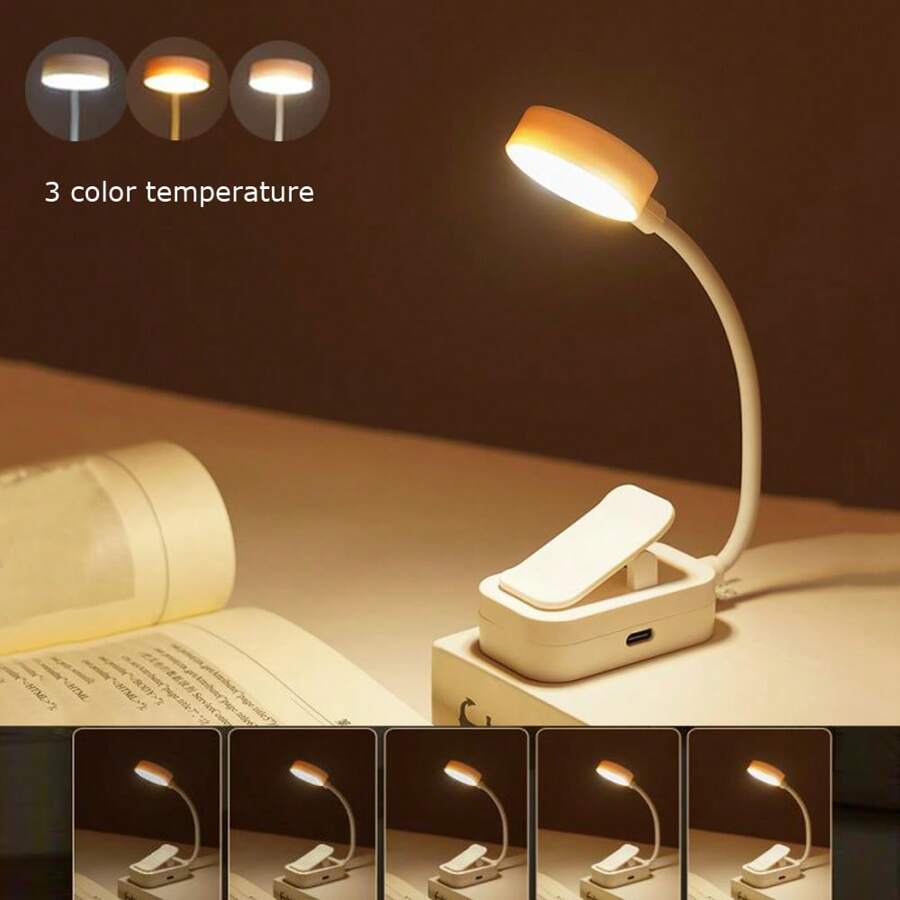 1pc Mini 4 LED Rechargeable Clip Book Light, Eye-Caring Small Table Lamp For Reading In Bed - 3 Color Temperatures, Dimmable Brightness Compact Lightweight Clip-On Book Reading Light, Rechargeable Nursing Lamp, Adjustable Bedside Warm Night Light
