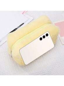 1pc Plush Macaron Colorful Cute Cosmetic Tool Organizer Pouch Pencil Case - Yellow - View 4
