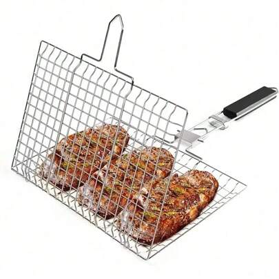 Parrilla de acero inoxidable plegable y portátil para camping al aire libre con asa extraíble, cesta para asar, herramientas de cocina para barbacoa