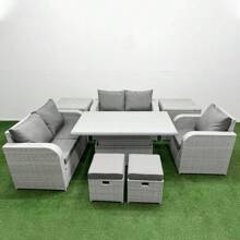 Fimous High Back Poly Rattan Garden Furniture Set With Reclining Chair Loveseat Sofa Adjustable Lifting Dining Or Coffee Table Indoor Outdoor Patio  Set 2 Stool 2 Side Table Light Grey - Light Grey - View 1