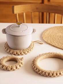 手工编织绳锅垫、杯垫、耐热餐垫、日式乡村风格餐垫，现货 - 卡其色 - 查看 4