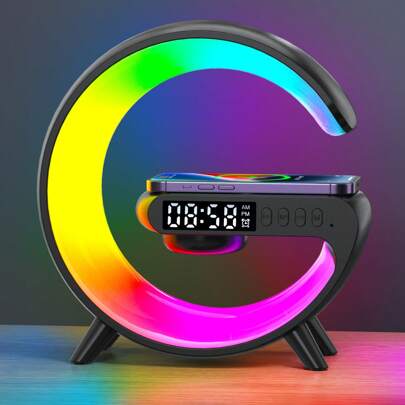 EIGIIS 1pc Smart Lamp With 10 Light Modes(5.91*5.91*2.11 Inch), Speakers With 15W Wireless Charging, Rhythm RGB Light, Atmosphere Light, Sunrise Alarm Clock, Wake Up Light For Bedrooms Can Used In Bedroom And Living Room Intelligent Desk Light