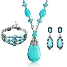 1set Retro Turquoise Beaded Sweater Chain, Necklace, Earrings And Bracelet Jewelry Set, Suitable For Women Daily Wear