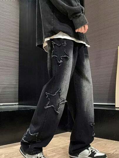 Vaqueros informales holgados de pierna recta para hombre con elementos estrella