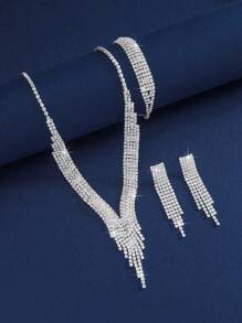 4-Piece Women's Elegant Jewelry Set, Featuring A V-Shaped Design With Sparkling White Rhinestone Necklace And Earrings, Suitable For Wearing Jewelry Gifts At Banquets, Parties, And Weddings