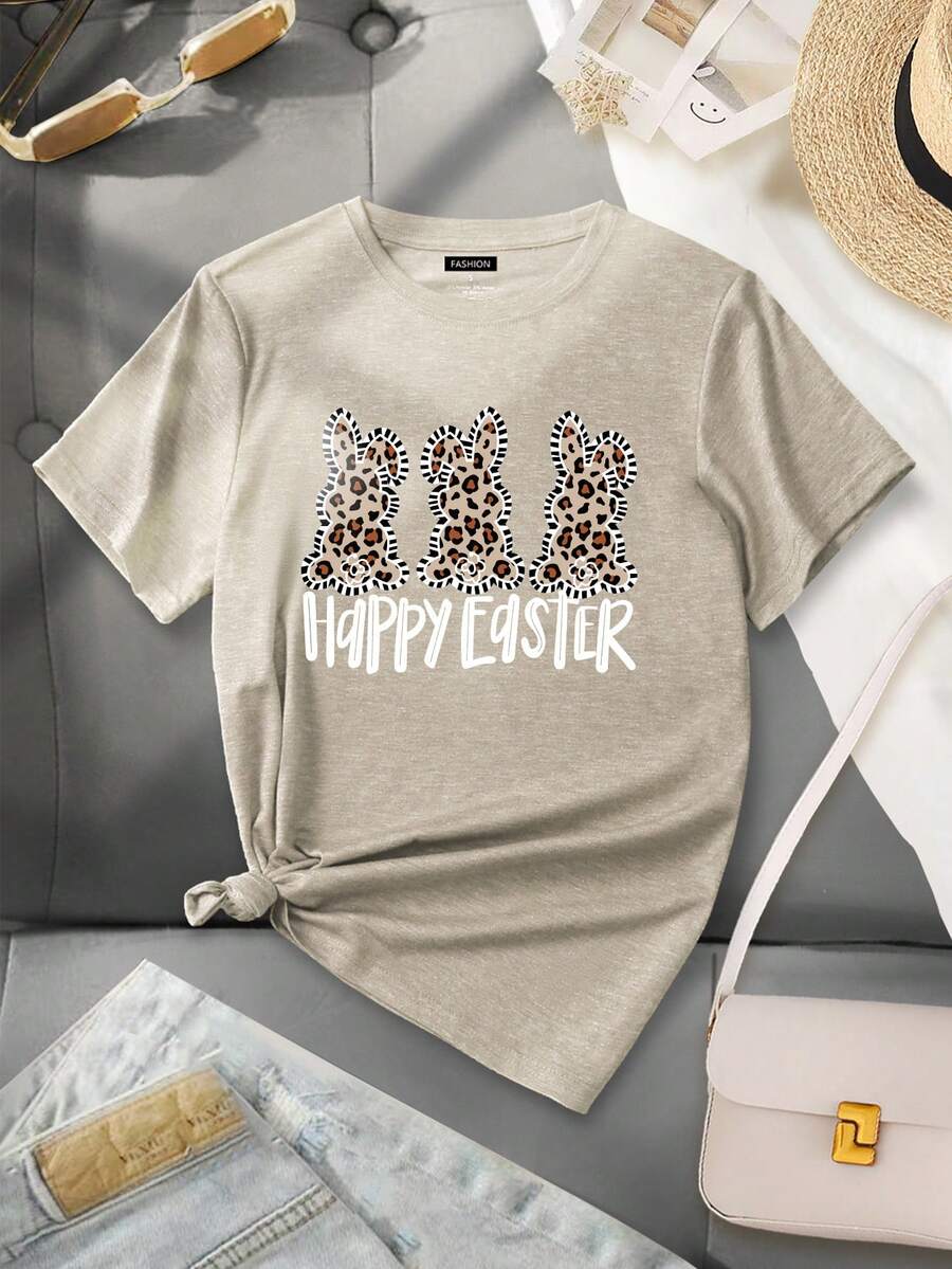Top casual de mujer con estampado de leopardo, conejo y letras, de cuello redondo y manga corta, versátil, para primavera/verano - Caqui - Ver 1