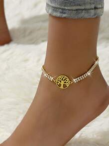 1pc Minimalist Fashion Copper Inlaid Full Rhinestone Tree Of Life Anklet, Suitable For Ladies Beach/Travel, Meaningful Gift For Family & Friends - Tree Of Life Anklet - View 3