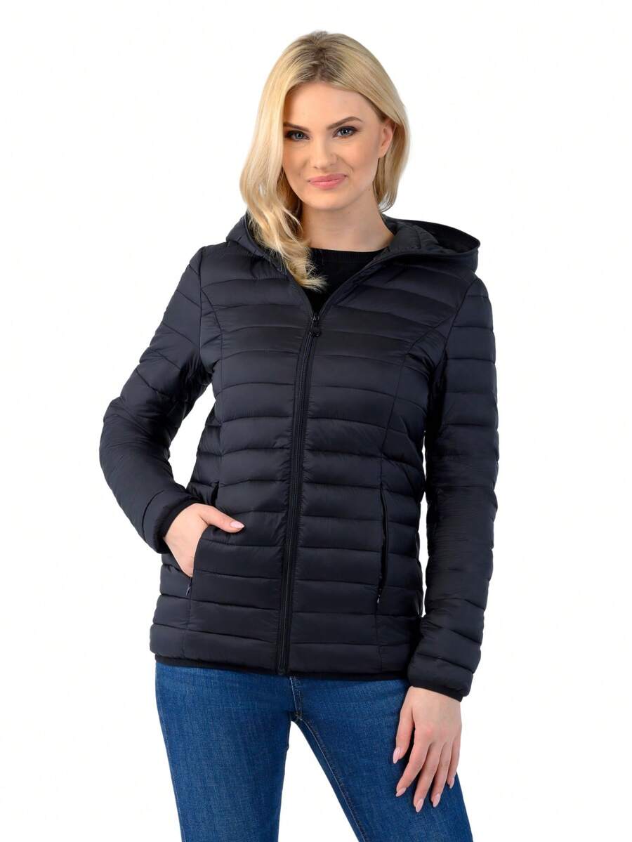 Women's Puffer Jacket Quilted Lightweight Padding Hood Packable Bubble Coat - Black - View 1