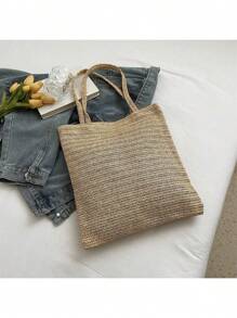 新款时尚镂空手提包，编织包，沙滩包，旅行度假观光包，珍珠包 - 卡其色 - 查看 8